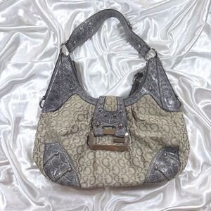y2k Guess Hobo Bag Grey Excellent Monogram Croc Embossed Studded Buckle Shoulder